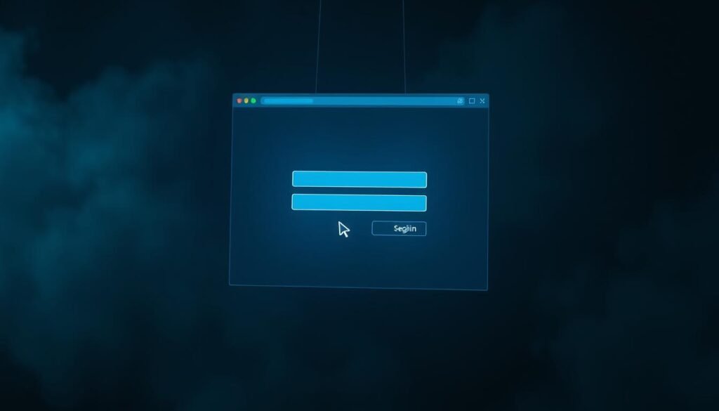 A digital fraud scheme in progress. In the foreground, a slick, deceiving user interface resembling a legitimate login page hovers over a shadowy background. Subtle details like the blinking cursor and glowing icons suggest an immersive, high-tech atmosphere. The scene is illuminated by a cold, clinical lighting that casts an ominous tone, hinting at the nefarious nature of the "AiTM" attack unfolding. The overall composition evokes a sense of tension and unease, reflecting the insidious threat of modern phishing techniques that bypass multi-factor authentication.