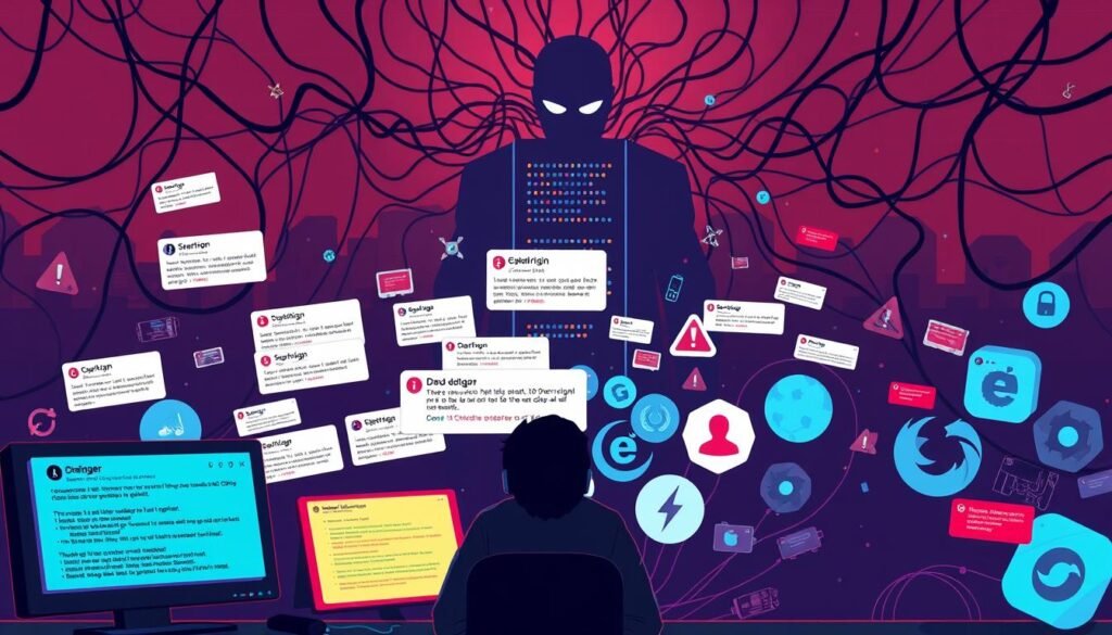 A digital illustration of common CORS (Cross-Origin Resource Sharing) errors, featuring a server silhouette surrounded by complex web browsers, error messages, and technical diagrams. The foreground shows a frustrated developer examining a computer screen displaying various CORS-related error codes and descriptions. In the middle ground, an array of web browsers in different shapes and sizes struggle to access resources, with warning signs and error messages floating around them. The background depicts a dark, moody network landscape with tangled cables, scattered data packets, and a looming server silhouette, symbolizing the mysterious and convoluted nature of CORS issues. The overall scene conveys the technical complexity and troubleshooting challenges associated with CORS problems.