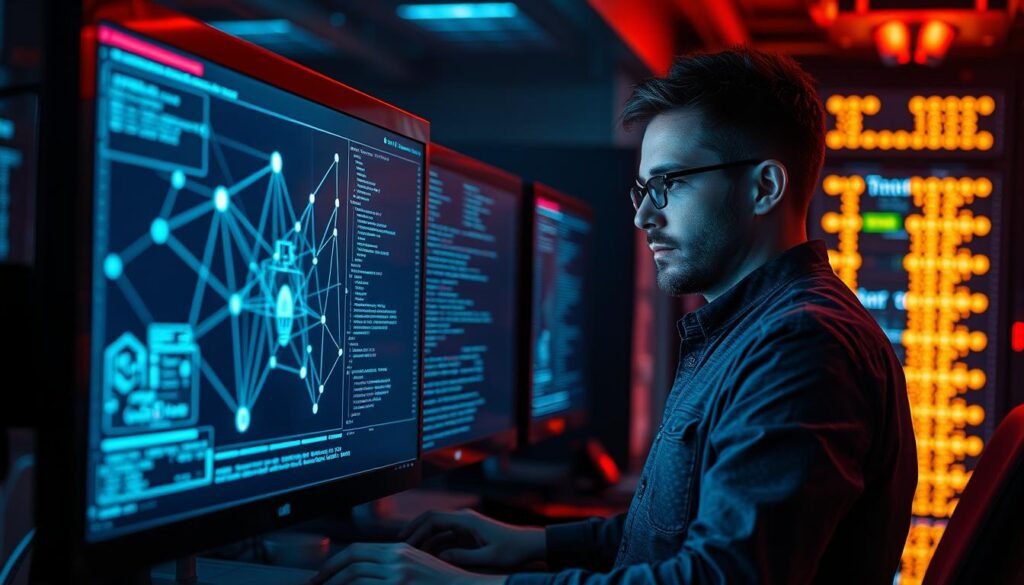 A digital landscape of web application scanning, illuminated by the glow of computer screens. In the foreground, a network diagram flows across the display, revealing hidden vulnerabilities. In the middle ground, a penetration tester examines the results, a look of concentration on their face as they navigate the OWASP ZAP interface. The background is a blur of code, data, and the pulsing lights of a server rack, suggesting the scale and complexity of modern web applications. The scene is bathed in a cool, technical light, conveying the precision and focus required for effective web application security testing.