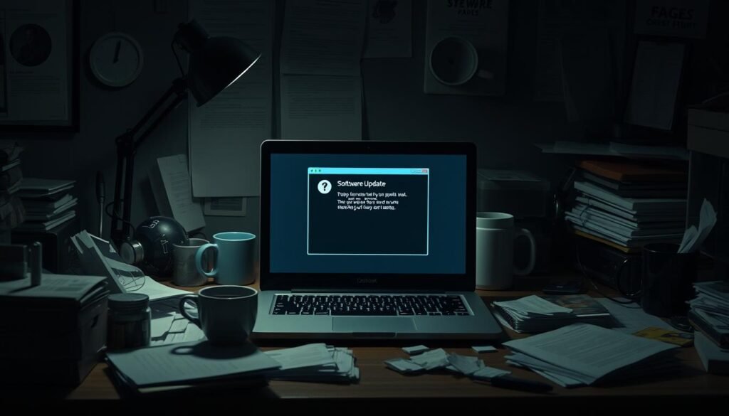 A dim, cluttered office desk with a laptop displaying a pop-up window showcasing a fake software update message. The laptop's screen is the focal point, surrounded by a mess of papers, coffee mugs, and other office detritus. The lighting is harsh, casting shadows and creating an uneasy, suspicious atmosphere. The angle is slightly tilted, conveying a sense of unease and the user's distraction. The overall scene reflects the pitfalls of software updates, with the fake message serving as a warning about the need to be vigilant and discerning when prompted to update.
