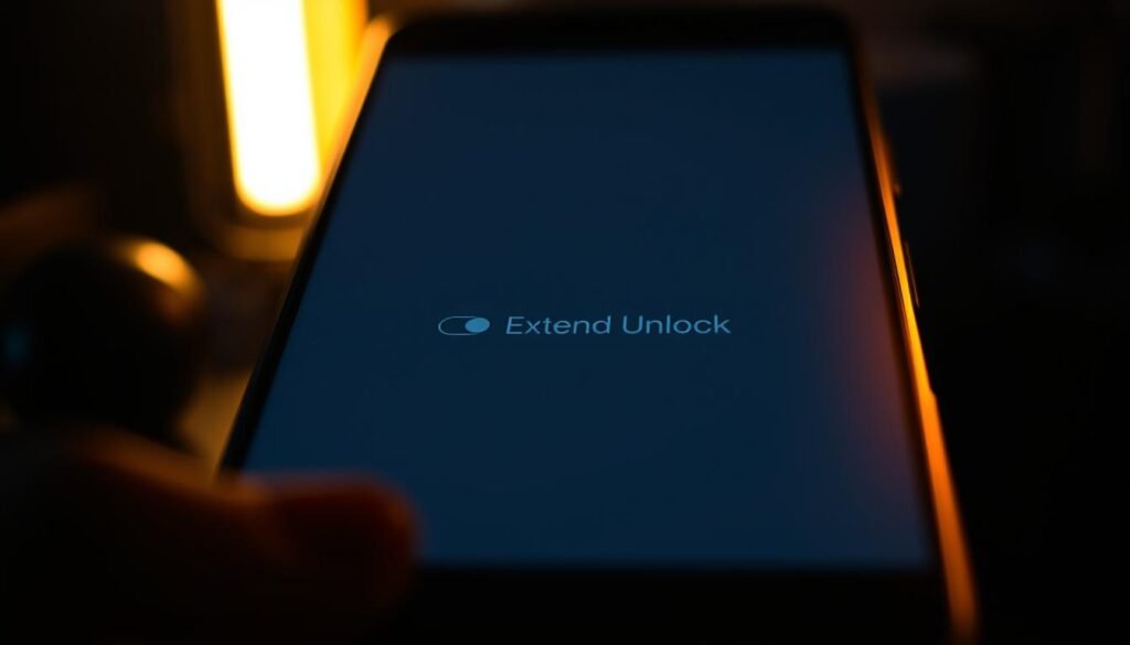 A dimly lit Android device screen, the focus centered on the "Extend Unlock" setting. Soft, warm lighting illuminates the screen, casting a subtle glow. The interface is clean and minimalistic, with a toggle switch prominently displayed. The background is slightly blurred, emphasizing the centrality of the "Extend Unlock" option. The scene conveys a sense of security and control, hinting at the importance of this setting in safeguarding the device. The image should feel informative and visually appealing, guiding the viewer's attention to the key setting being discussed. A dimly lit Android device screen, the focus centered on the "Extend Unlock" setting. Soft, warm lighting illuminates the screen, casting a subtle glow. The interface is clean and minimalistic, with a toggle switch prominently displayed. The background is slightly blurred, emphasizing the centrality of the "Extend Unlock" option. The scene conveys a sense of security and control, hinting at the importance of this setting in safeguarding the device. The image should feel informative and visually appealing, guiding the viewer's attention to the key setting being discussed.
