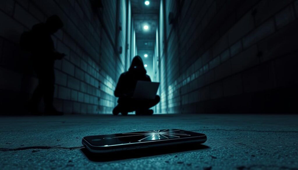 A dimly lit alleyway, shadowy figures lurk in the corners, casting an ominous vibe. In the foreground, a smartphone lies on the ground, its screen cracked, symbolizing the real risks of sideloading apps from untrustworthy sources. The middle ground features a silhouette of a hacker, their fingers rapidly typing on a laptop, hinting at the potential for malware and data breaches. The background is a maze of towering concrete walls, emphasizing the sense of danger and isolation. Harsh, dramatic lighting casts sharp contrasts, heightening the sense of foreboding. The overall atmosphere conveys a stark warning about the perils of sideloading apps from third-party sources.