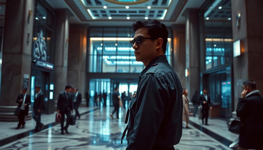 A dimly lit bank lobby, the security guard's watchful gaze scanning the crowd. Marble floors, ornate columns, and a sleek glass facade create an atmosphere of sophistication and security. The guard's uniform is crisp, his posture alert, as he monitors the flow of people with a keen eye. Soft lighting casts shadows, evoking a sense of mystery and potential vulnerability. The scene conveys the precarious balance between customer convenience and the constant need for vigilance in the modern banking system.