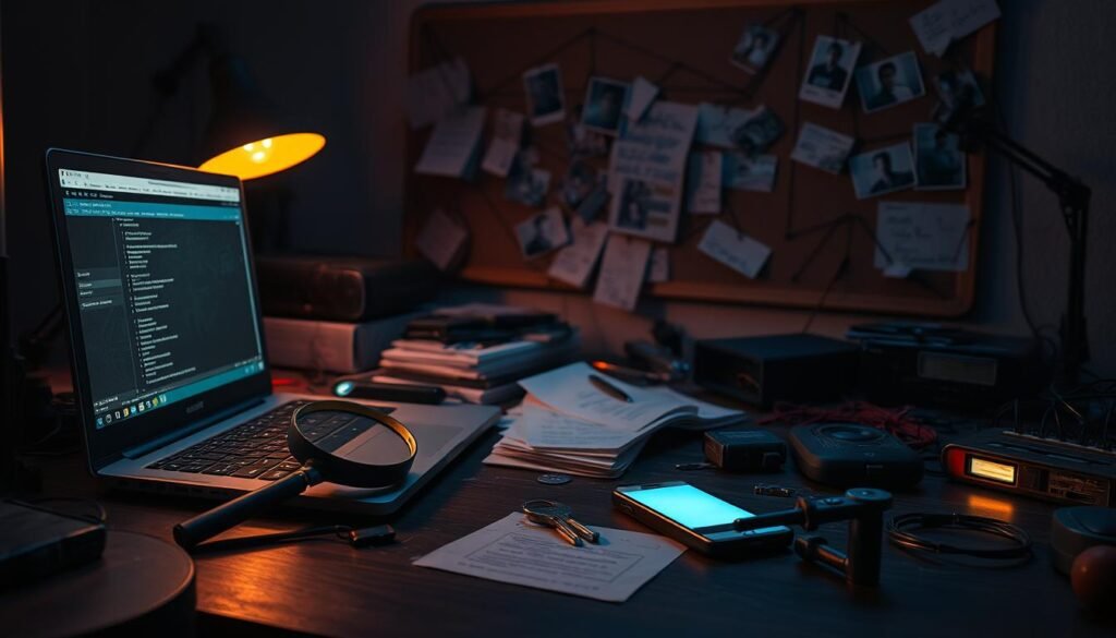 A dimly lit, cluttered desk scattered with various digital devices and computer accessories. In the foreground, a laptop with a glowing screen displaying a web browser window, hinting at online investigation. Beside it, a magnifying glass rests on a stack of documents, suggesting a forensic examination of digital artifacts. The middle ground features a smartphone, its screen illuminated, along with a USB drive, a set of keys, and an old-fashioned tape recorder, all symbolic of the diverse sources of metadata. In the background, a corkboard hangs on the wall, covered with notes, photographs, and various connecting strings, creating a sense of a complex, interconnected investigation. The lighting is moody, with a mix of warm and cool tones, adding an air of mystery and intensity to the scene. A dimly lit, cluttered desk scattered with various digital devices and computer accessories. In the foreground, a laptop with a glowing screen displaying a web browser window, hinting at online investigation. Beside it, a magnifying glass rests on a stack of documents, suggesting a forensic examination of digital artifacts. The middle ground features a smartphone, its screen illuminated, along with a USB drive, a set of keys, and an old-fashioned tape recorder, all symbolic of the diverse sources of metadata. In the background, a corkboard hangs on the wall, covered with notes, photographs, and various connecting strings, creating a sense of a complex, interconnected investigation. The lighting is moody, with a mix of warm and cool tones, adding an air of mystery and intensity to the scene.