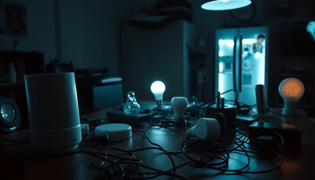 A dimly lit, cluttered table with a variety of IoT devices scattered across its surface. In the foreground, a sleek, white smart speaker sits next to a bulky, outdated security camera. In the middle ground, a tangled mess of cables and cords connects a smart thermostat and a smart lightbulb. In the background, shadowy silhouettes of a smart refrigerator, a smart TV, and a smart home assistant can be seen, their glowing displays casting an eerie glow. The overall scene conveys a sense of vulnerability and disarray, hinting at the potential security risks posed by these interconnected smart devices.