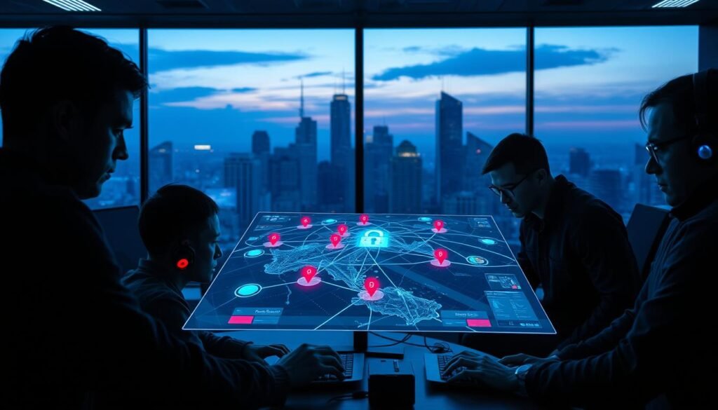 A dimly lit command center, the soft glow of monitors illuminating the faces of a team of cybersecurity professionals. In the foreground, a large holographic display showing a network map, with red flags indicating a security breach. The team, brows furrowed in concentration, work swiftly to contain the incident, their hands flying across keyboards as they analyze data and coordinate response efforts. Behind them, a panoramic window offers a view of a city skyline, the towering buildings casting long shadows in the twilight. The atmosphere is tense yet focused, conveying the high stakes and critical importance of effective incident response in the modern threat landscape. A dimly lit command center, the soft glow of monitors illuminating the faces of a team of cybersecurity professionals. In the foreground, a large holographic display showing a network map, with red flags indicating a security breach. The team, brows furrowed in concentration, work swiftly to contain the incident, their hands flying across keyboards as they analyze data and coordinate response efforts. Behind them, a panoramic window offers a view of a city skyline, the towering buildings casting long shadows in the twilight. The atmosphere is tense yet focused, conveying the high stakes and critical importance of effective incident response in the modern threat landscape.