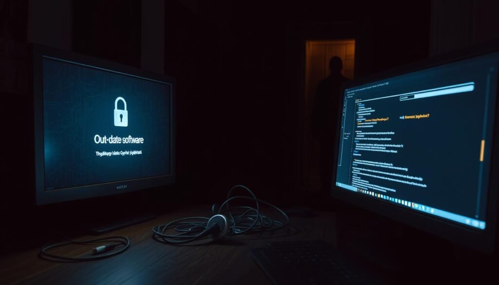 A dimly lit computer desk, with an ominous glowing screen casting shadows. In the foreground, an out-of-date software icon flickers, warning of security vulnerabilities. Wires and cables snake across the desk, creating a sense of disarray and neglect. In the background, a shadowy figure lurks, symbolizing the ever-present threats of cybercrime and data breaches. The scene is bathed in a tense, eerie atmosphere, conveying the risks and consequences of delaying crucial software updates.