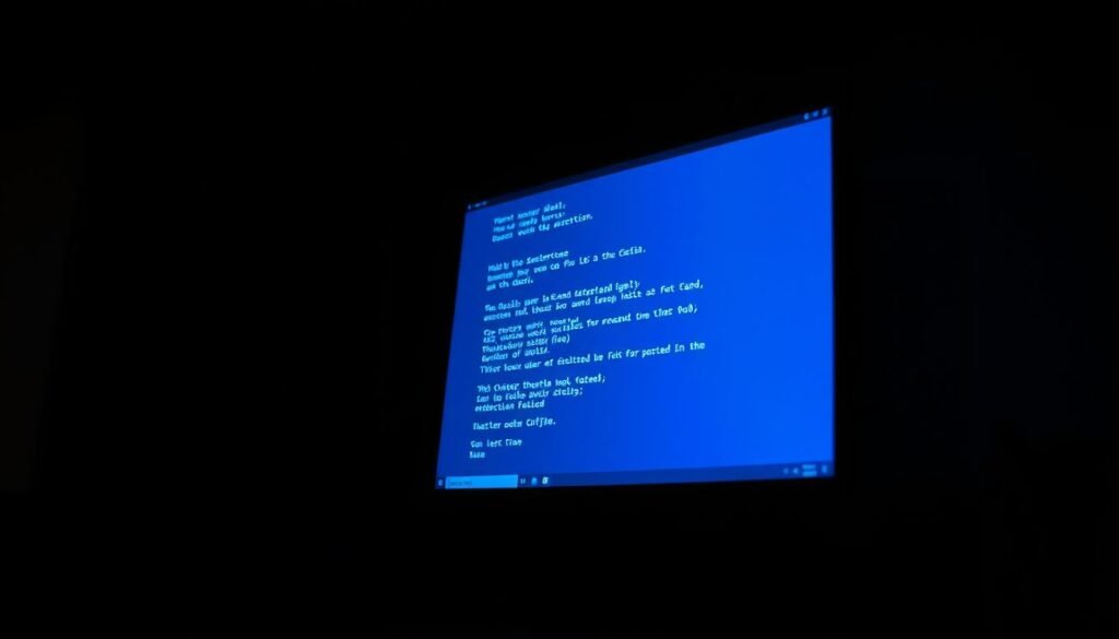 A dimly lit computer screen displaying a classic Windows blue screen of death, indicating a system crash caused by malicious software. The screen shows cryptic error codes and diagnostic information, hinting at the underlying malware infiltration. The background is a shadowy, ominous environment, with a sense of unease and danger. The lighting is dramatic, casting long shadows and highlighting the severity of the situation. The composition focuses on the central blue screen, conveying the gravity of the malware-induced system failure.