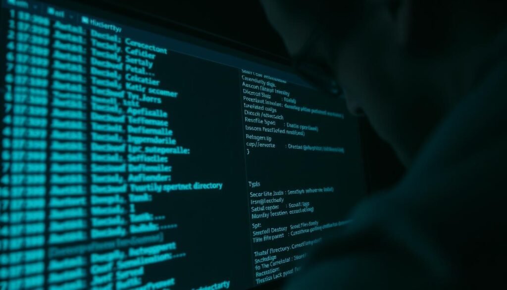 A dimly lit computer screen displaying a detailed directory listing, showcasing a complex folder structure. The view is from a user's perspective, as if peering intently at the screen. The directory listing appears to be from a webserver, revealing sensitive file paths and directory names. The overall mood is one of intrigue and slight unease, hinting at the potential security implications of this discovery. The lighting is subtle, creating shadows and highlights that draw the viewer's attention to the sensitive information on display. The angle is slightly angled, giving a sense of depth and professionalism to the image, as if captured by a discerning security researcher.