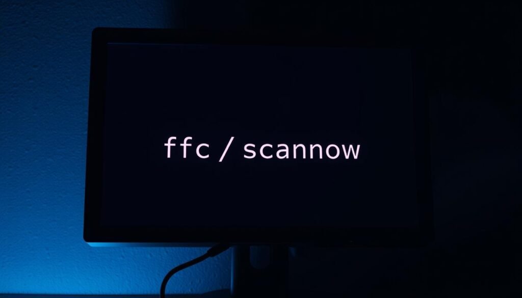 A dimly lit computer screen displaying the "sfc /scannow" command in a dark, retro-style terminal interface. The text is clear and easy to read, with a subtle glow emanating from the screen. The background is a muted, textured wall, creating a sense of depth and atmosphere. The lighting is dramatic, with a single source illuminating the screen from the side, casting dramatic shadows and highlighting the technical details of the command. The overall mood is one of focus and problem-solving, conveying the importance of this troubleshooting step in the process of resolving a blue screen error.