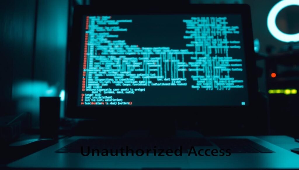 A dimly lit computer screen displays lines of code cascading down, illuminating the darkened workspace. The monitor casts an eerie glow, casting shadows that hint at the sensitive information being exposed. In the foreground, a single line of text stands out, "Unauthorized Access", hinting at the source code leak. The background blurs, creating a sense of depth and urgency, as if the viewer is witnessing a breach in real-time. The overall mood is one of unease and vulnerability, reflecting the critical misconfiguration that has led to the accidental disclosure of the website's inner workings. A dimly lit computer screen displays lines of code cascading down, illuminating the darkened workspace. The monitor casts an eerie glow, casting shadows that hint at the sensitive information being exposed. In the foreground, a single line of text stands out, "Unauthorized Access", hinting at the source code leak. The background blurs, creating a sense of depth and urgency, as if the viewer is witnessing a breach in real-time. The overall mood is one of unease and vulnerability, reflecting the critical misconfiguration that has led to the accidental disclosure of the website's inner workings.