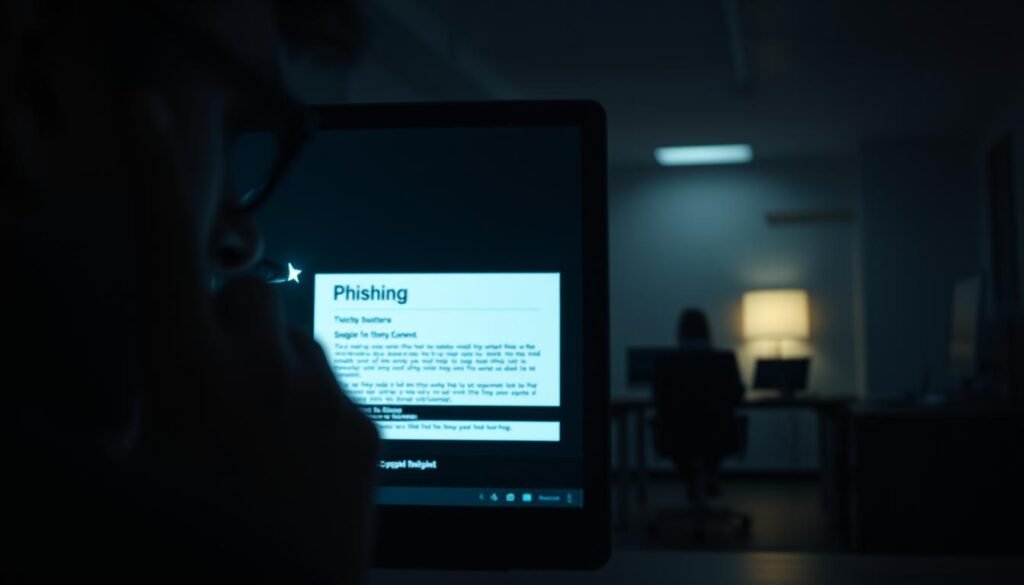 A dimly lit computer screen, the cursor blinking ominously, as a hand hovers over a phishing email disguised as a legitimate message. The foreground captures the tense, unsettling moment, the user's face partially obscured, uncertainty and unease palpable. In the middle ground, the email's deceptive header and subject line stand out, hinting at the looming threat. The background fades into a hazy, shadowy office setting, emphasizing the isolation and vulnerability of the scene. The lighting is harsh, casting dramatic shadows that amplify the sense of foreboding. The lens is slightly tilted, creating an off-kilter, disorienting perspective that mirrors the subject's state of mind. The overall mood is one of tension, suspense, and the sinking realization of having fallen for a phishing scam.