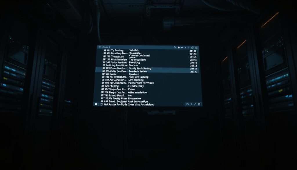 A dimly lit computer server room, the air thick with the hum of hardware. In the center, a sleek monitor displays a directory listing, the cursor blinking ominously. Folders and files unfurl, revealing the inner workings of the system, a vast network of sensitive information vulnerable to prying eyes. The lighting casts long shadows, creating a foreboding atmosphere, as if the very walls are closing in. The camera angle is low, looking up at the screen, conveying a sense of unease and the gravity of the situation. The overall tone is one of technological dread, highlighting the dangers of this seemingly innocuous vulnerability.
