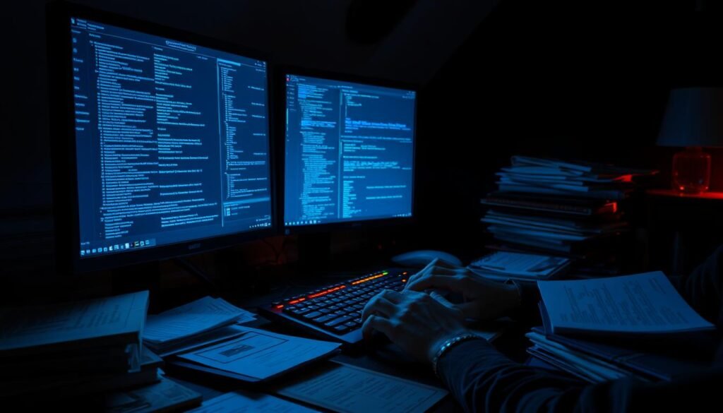 A dimly lit computer workstation, its display casting an eerie glow over the darkened room. Stacks of digital documents, spreadsheets, and open-source intelligence reports litter the desk, illuminated by the soft blue light of multiple monitors. The user's hands hover over the keyboard, fingers dancing as they uncover layer after layer of publicly available data, piecing together a complex web of connections and vulnerabilities. The atmosphere is one of focused intensity, a sense of discovery and power emanating from the scene. Scattered around the desk, various tools and resources - from online search engines to social media profiles - reflect the breadth of the open-source intelligence landscape. The image captures the essence of OSINT in modern cybersecurity: a powerful, yet nuanced, approach to gathering and leveraging information in the digital age.