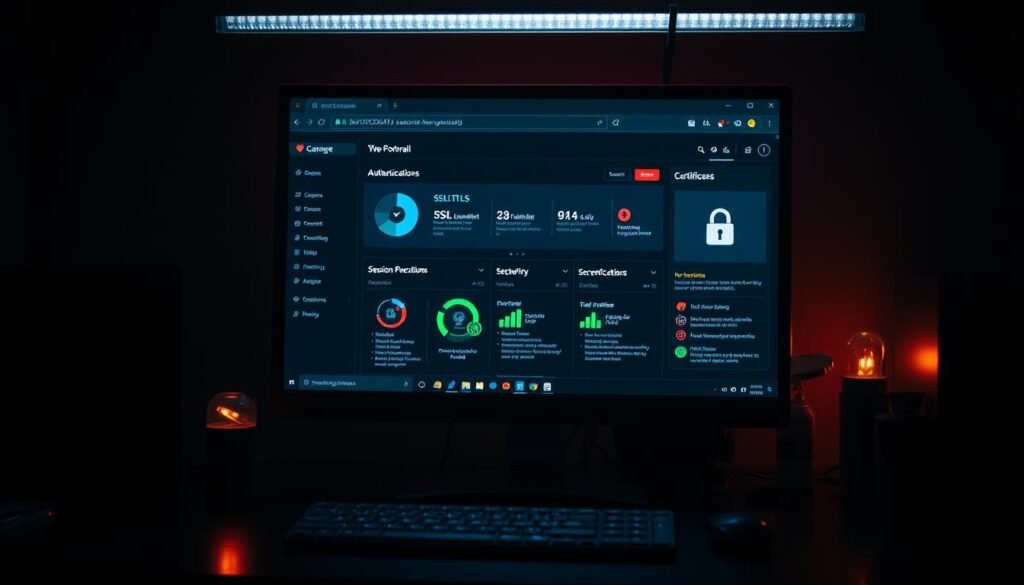 A dimly lit computer workstation, showcasing a web browser window with a security-focused dashboard. The desktop is adorned with icons representing various security protocols - SSL/TLS certificates, authentication methods, and session management tools. Soft, warm lighting creates an atmosphere of thoughtful vigilance, while the screen's glow casts subtle shadows across the scene. The overall composition conveys the importance of robust session security in safeguarding sensitive user data and maintaining the integrity of web applications.