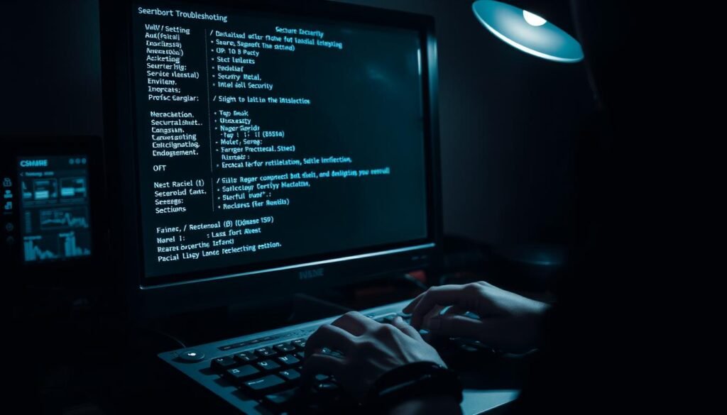 A dimly lit computer workstation, with a desktop screen displaying a secure boot troubleshooting interface. The screen shows various technical details, system logs, and diagnostic information. In the foreground, a pair of hands typing on a mechanical keyboard, the user's face obscured by the monitor. Shadows cast by the monitor and desk lamp create a pensive, focused atmosphere. The background is blurred, suggesting an office or home environment, with subtle hints of technology and security surrounding the scene. A dimly lit computer workstation, with a desktop screen displaying a secure boot troubleshooting interface. The screen shows various technical details, system logs, and diagnostic information. In the foreground, a pair of hands typing on a mechanical keyboard, the user's face obscured by the monitor. Shadows cast by the monitor and desk lamp create a pensive, focused atmosphere. The background is blurred, suggesting an office or home environment, with subtle hints of technology and security surrounding the scene.