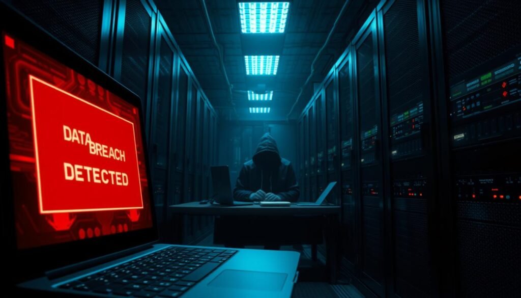 A dimly lit corporate data center, the air thick with tension. In the foreground, a laptop screen displays a glaring alert - "Data Breach Detected". Servers hum ominously, their status lights blinking erratically. In the middle ground, a hooded figure sits at a desk, their face obscured, fingers rapidly typing commands. The background is cast in deep shadows, hinting at the vast scale of the network under attack. The scene is lit by the eerie glow of monitors, creating an atmosphere of unease and vulnerability. A sense of urgency and the weight of a high-stakes digital intrusion permeate the image. A dimly lit corporate data center, the air thick with tension. In the foreground, a laptop screen displays a glaring alert - "Data Breach Detected". Servers hum ominously, their status lights blinking erratically. In the middle ground, a hooded figure sits at a desk, their face obscured, fingers rapidly typing commands. The background is cast in deep shadows, hinting at the vast scale of the network under attack. The scene is lit by the eerie glow of monitors, creating an atmosphere of unease and vulnerability. A sense of urgency and the weight of a high-stakes digital intrusion permeate the image.