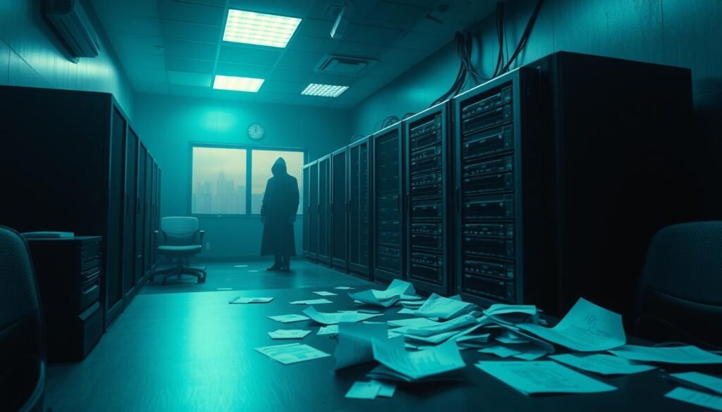 A dimly-lit corporate office, with a large data server rack dominating the foreground. Scattered papers and files litter the desk, hinting at the sensitive information stored on the system. The room is cast in a hazy, blue-tinted light, creating an atmosphere of unease and vulnerability. In the background, a shadowy figure lurks, their face obscured, suggesting the looming threat of a malicious actor. The scene conveys the importance of robust data security measures in the face of increasingly sophisticated cyber threats. A dimly-lit corporate office, with a large data server rack dominating the foreground. Scattered papers and files litter the desk, hinting at the sensitive information stored on the system. The room is cast in a hazy, blue-tinted light, creating an atmosphere of unease and vulnerability. In the background, a shadowy figure lurks, their face obscured, suggesting the looming threat of a malicious actor. The scene conveys the importance of robust data security measures in the face of increasingly sophisticated cyber threats.