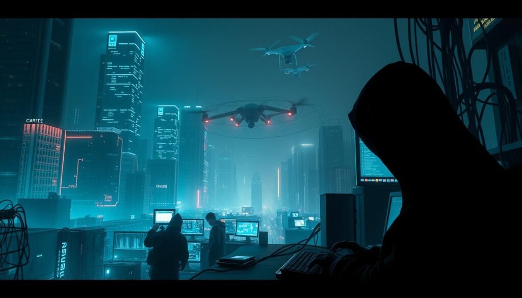A dimly lit cyberpunk cityscape, with neon-lit skyscrapers and shadowy figures hunched over glowing computer screens. In the foreground, a lone hacker types furiously, their face obscured by a hooded cloak. The middle ground is a maze of cables and servers, with flashes of data streaming across the screens. In the background, a network of surveillance cameras and drones casts an ominous glow over the scene. The lighting is low and dramatic, with deep shadows and pockets of intense illumination, creating an atmosphere of tension and unease. The overall composition suggests a complex and interconnected world of digital espionage and cyber-warfare.