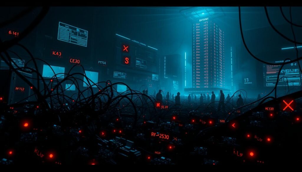 A dimly lit cyberpunk landscape, the glow of digital interfaces casting an eerie light. In the foreground, a tangle of wire-like conduits and data streams intertwine, representing the complex communication techniques of a C2 server and its botnet. The middle ground features various silhouettes of hacking tools, encryption algorithms, and obfuscation methods, hinting at the evasive nature of these operations. In the background, a towering data center looms, its monolithic structure a symbol of the scale and sophistication of modern cybercrime. The overall atmosphere is one of technological unease, with a sense of the hidden and the arcane pervading the scene.