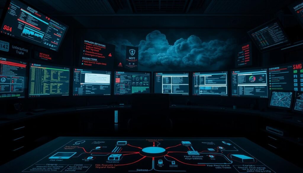 A dimly lit cybersecurity control center, with multiple screens displaying intrusion attempts, malware signatures, and network traffic data. In the foreground, a detailed schematic diagram illustrates the most common attack vectors targeting small and medium-sized businesses (SMBs) - unpatched software vulnerabilities, phishing emails, and unsecured remote access points. The middle ground features a stylized network topology, with various IoT devices, servers, and workstations interconnected, representing the typical SMB infrastructure. The background sets a somber, foreboding tone, with ominous clouds of data breaches and cyberattacks looming in the distance, conveying the gravity of the threat landscape facing SMBs. A dimly lit cybersecurity control center, with multiple screens displaying intrusion attempts, malware signatures, and network traffic data. In the foreground, a detailed schematic diagram illustrates the most common attack vectors targeting small and medium-sized businesses (SMBs) - unpatched software vulnerabilities, phishing emails, and unsecured remote access points. The middle ground features a stylized network topology, with various IoT devices, servers, and workstations interconnected, representing the typical SMB infrastructure. The background sets a somber, foreboding tone, with ominous clouds of data breaches and cyberattacks looming in the distance, conveying the gravity of the threat landscape facing SMBs.