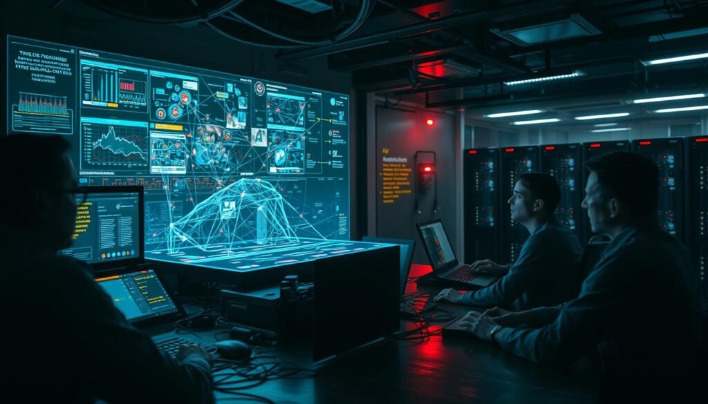 A dimly lit cybersecurity control room, with a tangle of cables and blinking monitors reflecting off the worn surfaces. In the foreground, a team of analysts scrutinize complex dashboards, their expressions tense as they grapple with the mounting challenges of securing a sprawling network. The middle ground features a large holographic display, projecting a three-dimensional visualization of vulnerabilities, attack vectors, and potential threats, all converging in a chaotic, ever-changing landscape. In the background, the faint glow of server racks and the distant hum of cooling fans underscore the relentless, high-stakes nature of the battle against cyber threats.