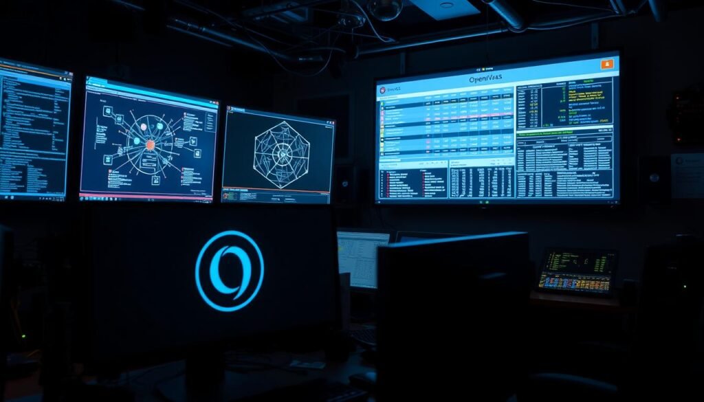 A dimly lit cybersecurity control room, with multiple monitors displaying the OpenVAS vulnerability scanning interface. The foreground shows a desktop computer with the OpenVAS logo prominently displayed, surrounded by various network cables and security devices. The middle ground features a network diagram on one of the monitors, highlighting potential vulnerabilities. In the background, a large wall-mounted display shows a comprehensive vulnerability assessment report, with detailed information about the identified risks. The scene conveys a sense of professionalism and trust in the security tools, suitable for illustrating the "OpenVAS and Qualys FreeScan: Foundational Vulnerability Scanning You Can Trust" section.