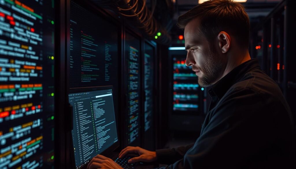 A dimly lit data center, rows of servers humming, their blinking lights casting a soft glow. In the foreground, a network engineer scrutinizes a firewall console, meticulously reviewing log entries. The display shows a flood of network traffic, potential threats surfacing amidst the deluge. With a focused gaze, the engineer navigates the complex interface, seeking patterns, anomalies that could signal a security breach. The room is hushed, save for the rhythmic whirring of fans, creating a contemplative atmosphere as the engineer works to transform raw data into actionable insights, transforming firewall logging into a powerful defense against the unseen dangers lurking within the network.