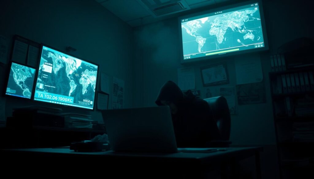 A dimly lit government office, shrouded in an atmosphere of secrecy. In the foreground, a lone figure sits at a desk, hunched over a laptop, the glow of the screen casting a haunting light on their features. Behind them, shelves of classified files and a wall-mounted display showing satellite imagery and intel reports. The room is filled with a sense of tension and purpose, as if the occupant is engaged in a high-stakes game of espionage, gathering intelligence and planning covert operations. The lighting is dramatic, with deep shadows and highlights that accentuate the intrigue and mystery of the scene. The camera angle is low, adding a sense of gravitas and importance to the subject matter.