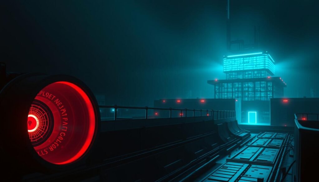 A dimly lit, high-contrast digital landscape, showcasing the protective layers of a virtual private network (VPN). In the foreground, a secure, encrypted tunnel glows with a soft, pulsing light, representing the secure data transmission. The middle ground features a sturdy, multilayered firewall, its intricate circuits and components interwoven to create an impenetrable defense. In the background, a towering data fortress stands vigilant, its perimeter guarded by advanced security protocols and state-of-the-art monitoring systems. The scene is illuminated by a cool, technological glow, conveying a sense of privacy, protection, and the power of digital safeguards against the threats of the dark web.