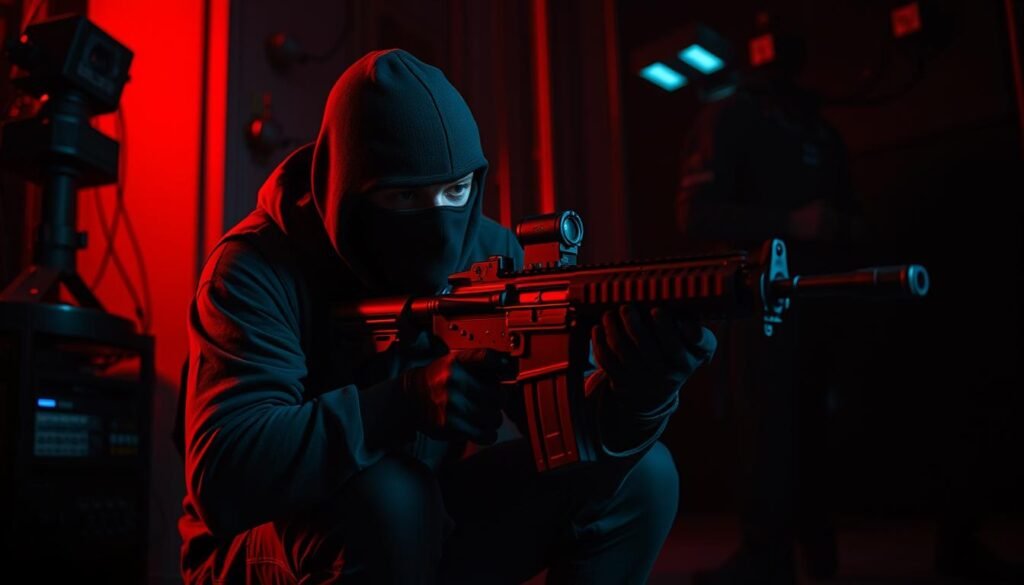 A dimly lit, high-contrast scene depicting a red team operator crouched in the shadows, wielding a sleek, tactical assault rifle. The operator's face is obscured by a black balaclava, blending seamlessly with the dark environment. In the background, a glimpse of complex electronic equipment and surveillance gear hints at the technical expertise of the red team. The lighting is intentional, casting dramatic shadows that accentuate the sense of mystery and covert operations. The overall atmosphere is tense and foreboding, capturing the essence of the "tools, tradecraft, and opsec" that shape the detection risk faced by the red team.