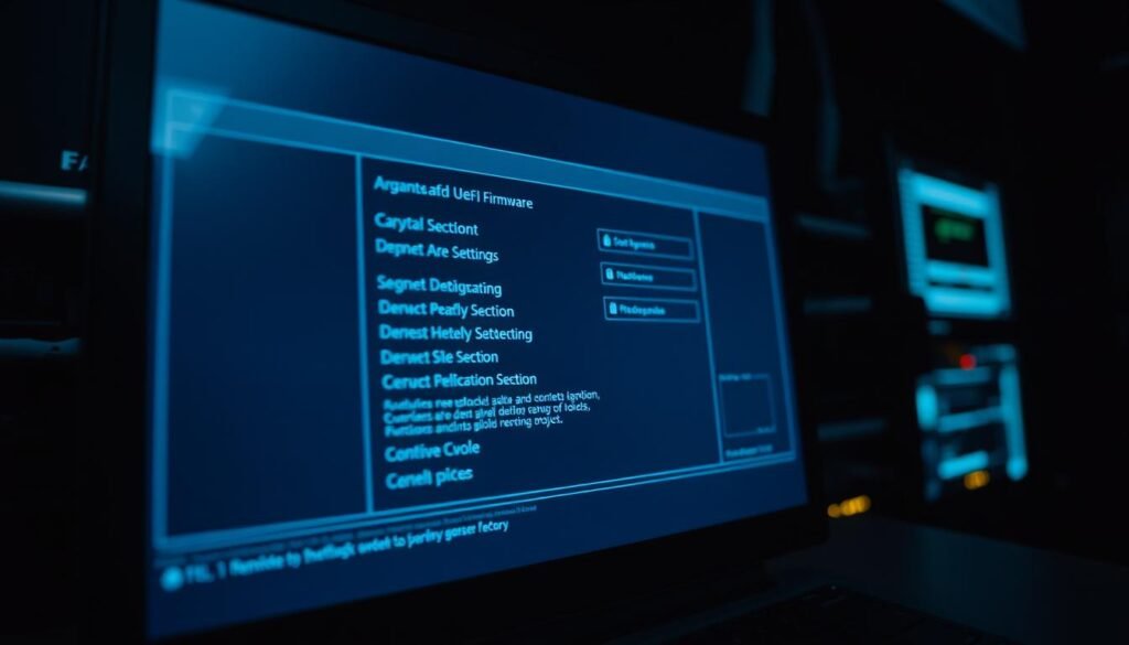 A dimly lit, high-tech computer screen displaying a UEFI firmware settings interface. The screen shows a grid of options and settings, with clear labels and icons indicating various hardware and security configurations. The interface is intuitive and clean, with a subtle blue-and-grey color scheme that conveys a sense of professionalism and technical expertise. The background is blurred, creating a sense of depth and focus on the screen itself. The lighting is soft and even, creating a subdued, technical atmosphere. The camera angle is slightly elevated, giving the viewer a sense of authority and control over the settings. The overall impression is one of a secure, well-designed UEFI firmware environment, ready to be explored and customized. A dimly lit, high-tech computer screen displaying a UEFI firmware settings interface. The screen shows a grid of options and settings, with clear labels and icons indicating various hardware and security configurations. The interface is intuitive and clean, with a subtle blue-and-grey color scheme that conveys a sense of professionalism and technical expertise. The background is blurred, creating a sense of depth and focus on the screen itself. The lighting is soft and even, creating a subdued, technical atmosphere. The camera angle is slightly elevated, giving the viewer a sense of authority and control over the settings. The overall impression is one of a secure, well-designed UEFI firmware environment, ready to be explored and customized.