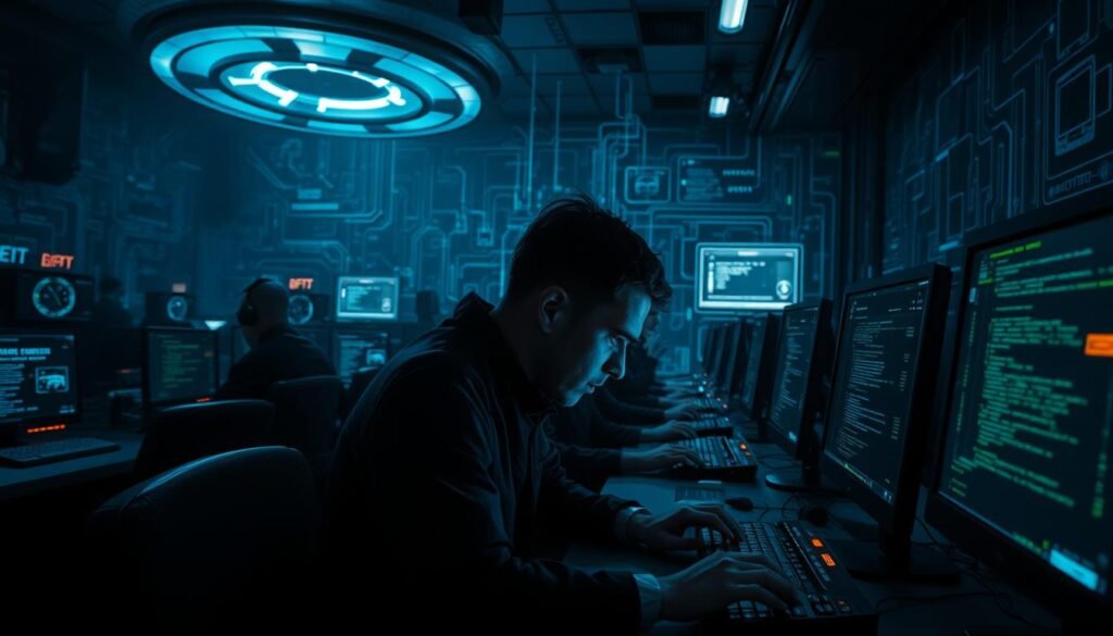 A dimly lit, high-tech control room with rows of computer monitors and a central holographic display. Shadowy figures in dark uniforms hunched over keyboards, their faces illuminated by the glow of the screens. The air is thick with tension and the sound of rapid keystrokes. In the foreground, a lone operator stares intently at a line of code, fingers flying across the keyboard as they infiltrate a secure network. The background is filled with a complex web of data streams, firewalls, and security protocols, reflecting the intricate nature of cyber espionage.