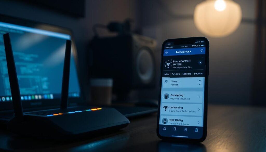 A dimly lit home office, the glow of a laptop screen casting a soft light. In the foreground, a router stands prominently, its blinking lights pulsing with the constant flow of data. The middle ground reveals a smartphone, its screen displaying a network overview, highlighting unknown devices connected to the Wi-Fi. The background is hazy, suggesting the unseen presence of these unwelcome guests, their identities shrouded in mystery. The scene conveys a sense of unease, the need to be vigilant and take control of one's home network. The lighting is moody, creating an atmosphere of tension and the desire to uncover the truth.