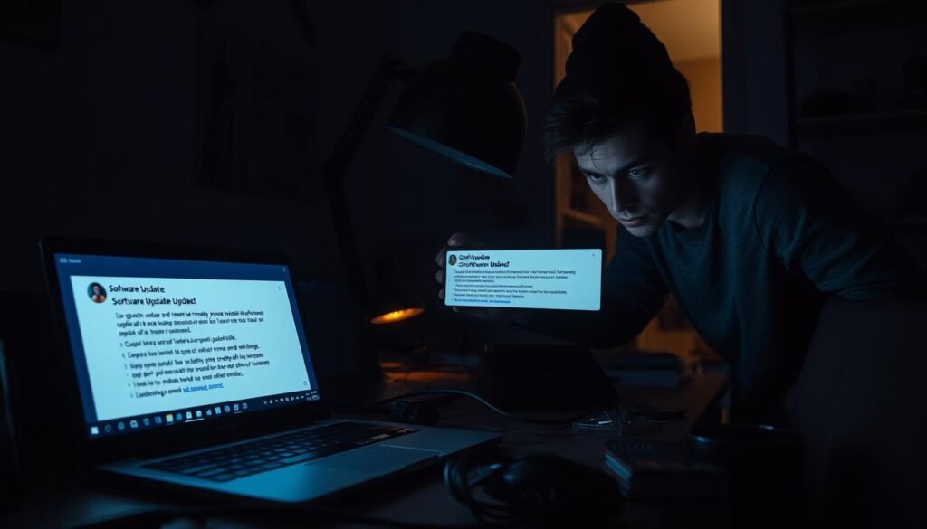A dimly lit home office, the glow of a laptop screen illuminating a worried expression. In the foreground, a series of software update notifications pop up, each demanding immediate attention. The middle ground features a cluttered desk, with tangled cables and the detritus of everyday digital life. In the background, a shadowy figure representing the potential consequences of neglected updates - data breaches, system failures, and the ever-present threat of cyber threats. The atmosphere is one of unease and reluctant obligation, underscoring the everyday annoyance and the real stakes of software updates.
