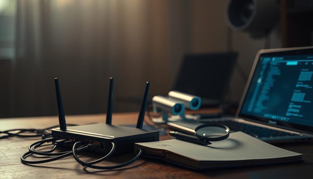 A dimly lit home office, the glow of a laptop screen illuminating the scene. In the foreground, a network router, cables, and security cameras sit prominently, conveying the essence of a home network audit. The middle ground features an open notebook, a pen, and a magnifying glass, suggesting a methodical examination of the system. The background is hazy, with subtle shadows and a sense of contemplation, as if the viewer is fully immersed in the security analysis process. The lighting is soft and warm, creating an atmosphere of concentration and attention to detail. The angle is slightly elevated, giving the impression of a comprehensive overview of the home network setup. A dimly lit home office, the glow of a laptop screen illuminating the scene. In the foreground, a network router, cables, and security cameras sit prominently, conveying the essence of a home network audit. The middle ground features an open notebook, a pen, and a magnifying glass, suggesting a methodical examination of the system. The background is hazy, with subtle shadows and a sense of contemplation, as if the viewer is fully immersed in the security analysis process. The lighting is soft and warm, creating an atmosphere of concentration and attention to detail. The angle is slightly elevated, giving the impression of a comprehensive overview of the home network setup.