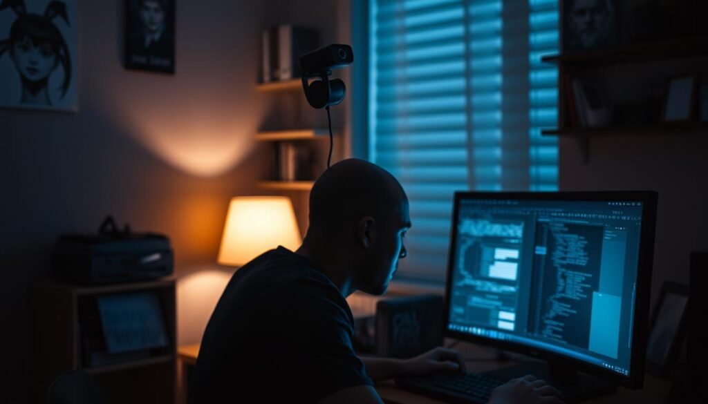 A dimly lit home office, the soft glow of a computer monitor casting shadows across the desk. A webcam sits perched atop the screen, its lens trained with unwavering attention. The room is hushed, save for the rhythmic tapping of keys and the occasional shift in the occupant's posture. Tension hangs in the air, as the user contemplates the implications of webcam vulnerability, their expression a mixture of concern and determination. The scene conveys the importance of robust webcam security, a visual representation of the need to safeguard one's digital privacy and safety. A dimly lit home office, the soft glow of a computer monitor casting shadows across the desk. A webcam sits perched atop the screen, its lens trained with unwavering attention. The room is hushed, save for the rhythmic tapping of keys and the occasional shift in the occupant's posture. Tension hangs in the air, as the user contemplates the implications of webcam vulnerability, their expression a mixture of concern and determination. The scene conveys the importance of robust webcam security, a visual representation of the need to safeguard one's digital privacy and safety.