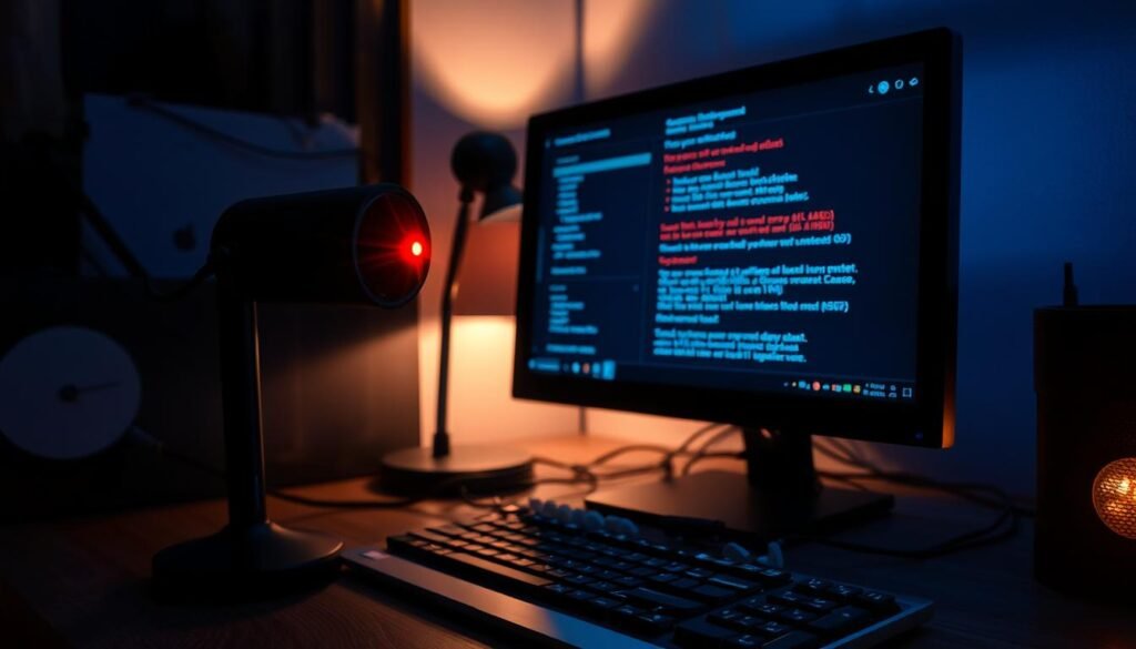 A dimly lit home office, with a desktop computer and webcam setup. The webcam's indicator light is blinking ominously, signaling potential intrusion. The computer screen displays system alerts and error messages hinting at unauthorized access. Tension and unease permeate the scene, as the user realizes the unsettling signs of a hacked webcam. Shadows cast by the desk lamp create an ominous atmosphere, while the bluish hues of the computer screen cast an eerie glow over the space. The overall composition conveys a sense of vulnerability and the need for increased security measures to protect one's privacy.