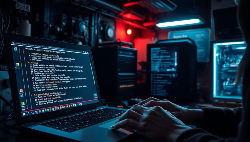 A dimly lit, industrial-style workshop setting. In the foreground, a laptop displays the John the Ripper interface, its screen glowing with complex password cracking rules and algorithms. In the middle ground, a pair of hands expertly typing on the keyboard, meticulously crafting a customized wordlist. The background features an array of hardware components, including a tower PC, network cables, and the faint silhouettes of security tools and reference materials. The overall atmosphere is one of focused intensity, with a hint of the hacker's determination to uncover hidden passwords and secure systems. A dimly lit, industrial-style workshop setting. In the foreground, a laptop displays the John the Ripper interface, its screen glowing with complex password cracking rules and algorithms. In the middle ground, a pair of hands expertly typing on the keyboard, meticulously crafting a customized wordlist. The background features an array of hardware components, including a tower PC, network cables, and the faint silhouettes of security tools and reference materials. The overall atmosphere is one of focused intensity, with a hint of the hacker's determination to uncover hidden passwords and secure systems.