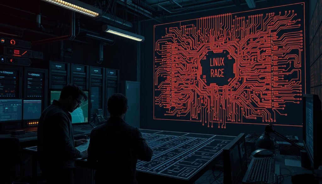 A dimly-lit laboratory, filled with the hum of servers and the glow of computer screens. In the foreground, a group of engineers huddle over a complex circuit diagram, their expressions intense as they trace the intricate paths of the "kernel race" - the subtle flaws and vulnerabilities that lie within the core of the Linux operating system. The middle ground is a maze of cables and components, a tangled web of hardware and software, while in the background, a larger-than-life schematic of the Linux kernel looms, its intricate structure casting long shadows across the scene. The lighting is dramatic, with deep shadows and sharp contrasts, conveying the sense of a high-stakes investigation into the heart of a critical system. The overall mood is one of focused intensity, as the engineers race against time to uncover the hidden weaknesses that could threaten the stability and security of the entire Linux ecosystem.