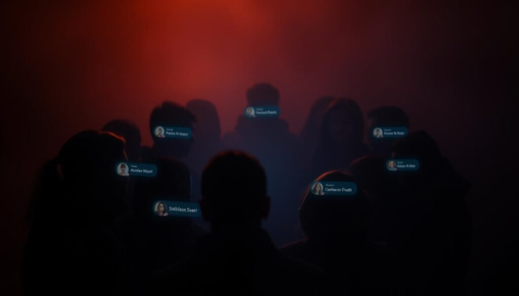 A dimly lit messaging group interface, with users' avatars and names forming a circular arrangement, suggesting an atmosphere of trust and community. The group members' faces are obscured, conveying a sense of anonymity and privacy. Soft, warm lighting emanates from the center, casting a subtle glow across the participants. The background is hazy, with a slight blur effect, drawing the viewer's attention to the central group dynamic. The overall composition evokes a sense of intimacy, security, and the importance of these closed-door digital gathering spaces in the modern threat landscape.