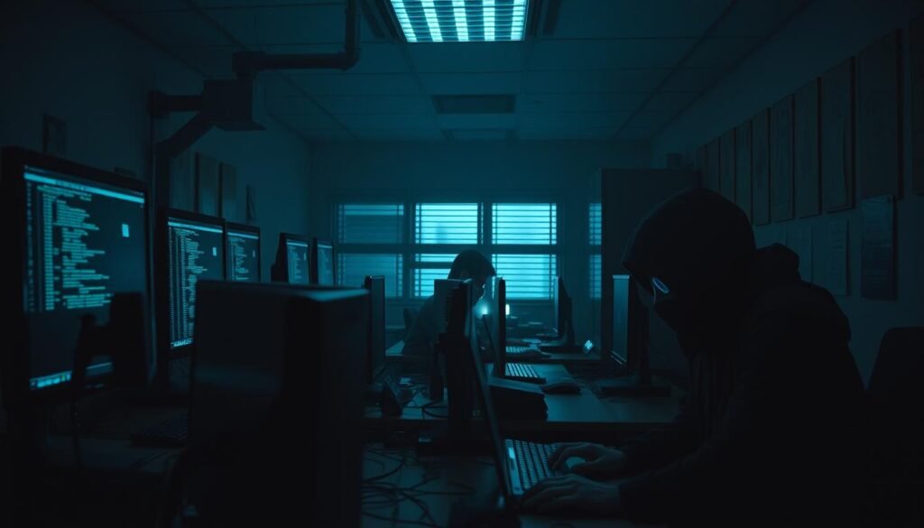 A dimly lit, nondescript office space, the glow of multiple computer screens illuminating the faces of a small team of hackers hunched over their keyboards. Subtle movements and furtive glances, as they navigate complex networks, leaving no digital footprints. Cloaked in anonymity, their actions go unnoticed by the outside world, their targets unsuspecting. The atmosphere is tense, the air thick with concentration, as they uncover vulnerabilities and exploit them, all under the radar of traditional security measures. A scene of quiet, methodical, and highly skilled cyber espionage, where the true nature of the threat remains elusive and ever-evolving.