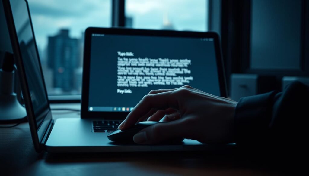 A dimly lit office desk, the soft glow of a laptop screen illuminating a suspicious email message. In the foreground, a hand hovers over the mouse, hesitating to click the tempting link. The backdrop is a blurred cityscape, hinting at the broader threat landscape facing modern businesses. The scene conveys a sense of unease, the air thick with the tension of a potential cyber attack lurking just beyond the screen. Lighting is moody, with deep shadows and a cool color palette, emphasizing the gravity of the situation. The angle is slightly off-center, drawing the viewer's eye to the pivotal moment of decision.