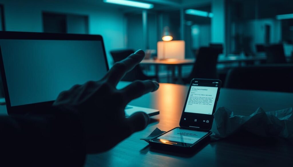 A dimly lit office desk with a laptop, smartphone, and a crumpled piece of paper. The foreground features a shadowy figure's hand reaching for the laptop, symbolizing a phishing attempt. The middle ground showcases a smartphone with a suspicious-looking email or text message open, casting an eerie glow. In the background, a sense of unease lingers, with a blurred, nondescript office environment hinting at the broader context of the phishing scam. The lighting is dramatic, with deep shadows and a subtle blue-green tint, conveying a sense of tension and the unfolding of a potentially harmful situation.