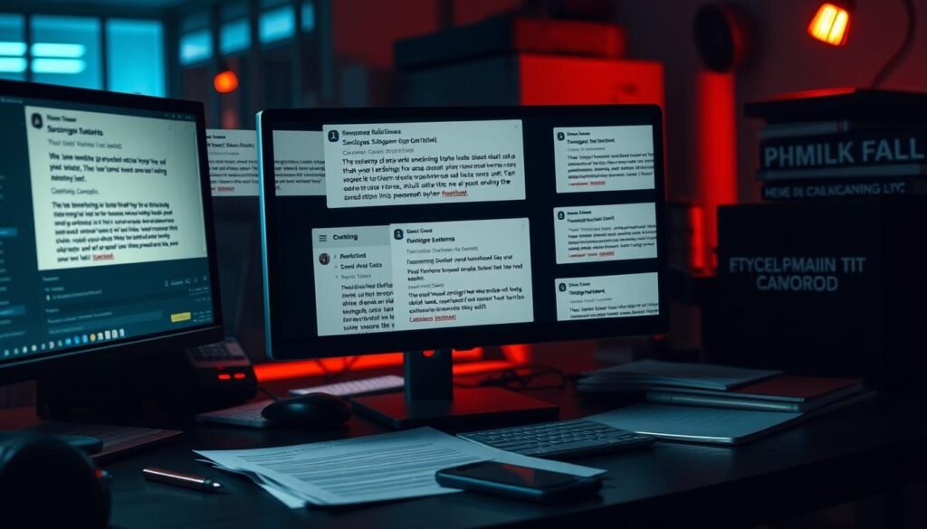 A dimly lit office environment, with a cluttered desk featuring a desktop computer, open documents, and a smartphone. On the screen, various phishing email examples are displayed, showcasing suspicious senders, enticing subject lines, and malicious links. The background is slightly blurred, creating a sense of focus on the desk and its contents. The lighting casts a warm, ominous glow, heightening the unsettling atmosphere. The image conveys the deceptive and potentially dangerous nature of real-world phishing attempts that have shaken the digital landscape.