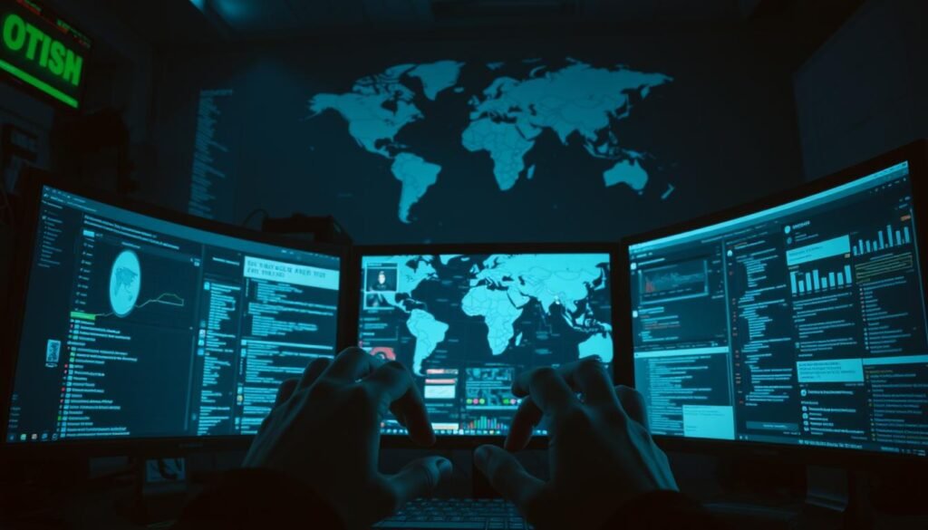 A dimly lit office interior, the glow of multiple computer screens illuminating the space. In the foreground, a researcher's hands deftly navigate through layers of digital information, piecing together a target profile from publicly available sources. The middle ground reveals a complex web of social media, company websites, and news articles, meticulously organized and cross-referenced. In the background, a world map serves as a backdrop, highlighting the global reach of the investigation. The atmosphere is one of intensity and focus, as the researcher uncovers the vulnerabilities that could lead to a potential compromise, without ever sending a single packet.