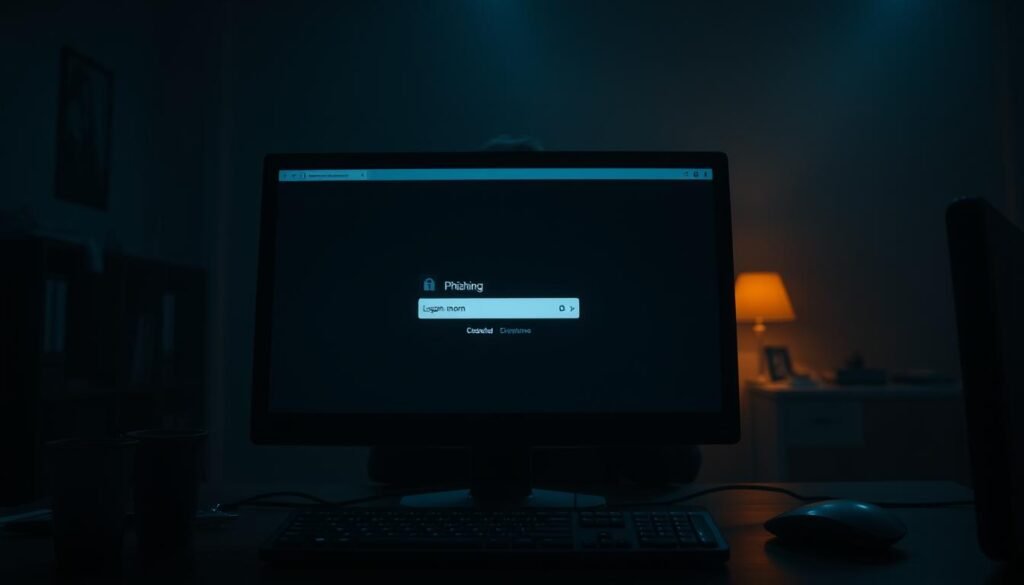 A dimly lit office interior, with a desk and computer setup in the foreground. The screen displays a phishing website login page, the cursor hovers over the username field, ready to capture the user's credentials. In the middle ground, a shadowy figure hunches over the keyboard, their face obscured by the screen's glow. The background is hazy, with a sense of unease and tension, conveying the illicit nature of the credential harvesting activity. The lighting is dramatic, casting harsh shadows and highlighting the technical details of the setup. The overall mood is one of clandestine digital intrusion, with a palpable sense of danger and risk.