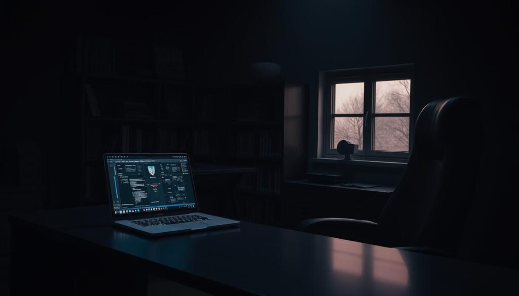 A dimly lit office interior, with a sleek, modern desk and a high-back chair in the foreground. On the desk, a laptop displays a complex security dashboard, its screens illuminating the shadowy space. In the middle ground, a bookshelf filled with technical manuals and security-related literature stands as a testament to the user's dedication. The background is shrouded in darkness, save for a single window that casts a soft, moody glow, suggesting a sense of vigilance and seclusion. The overall atmosphere conveys a feeling of focused determination, as the user meticulously builds their threat model to protect their system from potential cyber threats.