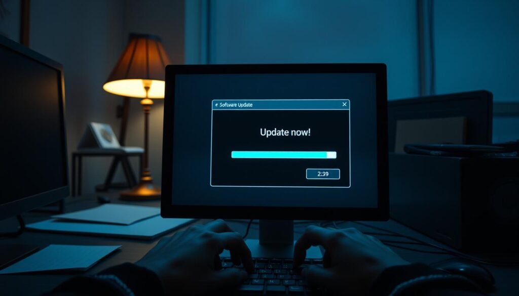 A dimly lit office scene, with a desktop computer screen prominently displayed in the foreground. On the screen, a modal window appears, featuring a software update notification - a progress bar, a message imploring the user to "Update now", and a countdown timer. In the middle ground, the user's hands are visible, poised over the keyboard, with a slight look of annoyance on their face. The background is hazy, suggesting the late hours of the workday, with a desk lamp casting a warm, amber glow. The overall atmosphere is one of begrudging acceptance, as the user reluctantly prepares to initiate the software update, knowing it is a necessary but inconvenient task.