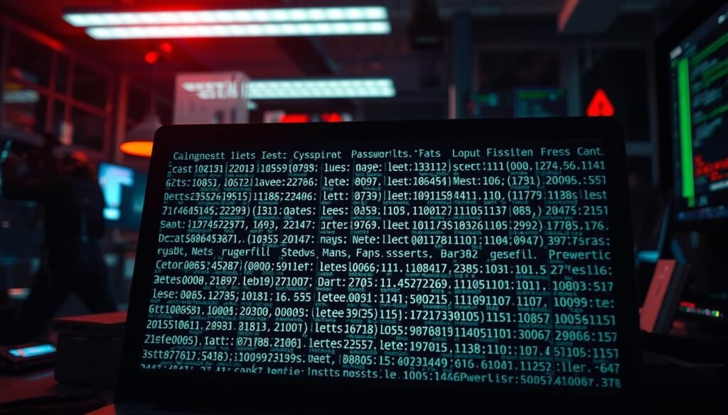 A dimly lit office space, the soft glow of a computer screen illuminating a vast array of words, numbers, and symbols - a custom password wordlist, meticulously crafted for a security assessment. In the foreground, the wordlist occupies the center of attention, its intricate patterns and diverse character sets hinting at the power it holds. The background is a blurred landscape of technological elements, suggesting the complex world of cybersecurity that this wordlist is designed to navigate. The lighting is strategic, casting shadows that accentuate the depth and texture of the wordlist, conveying the seriousness and importance of this tool. The angle of the shot is slightly elevated, giving the viewer a sense of authority and control over the scene, as if they are the security professional analyzing the wordlist's capabilities. A dimly lit office space, the soft glow of a computer screen illuminating a vast array of words, numbers, and symbols - a custom password wordlist, meticulously crafted for a security assessment. In the foreground, the wordlist occupies the center of attention, its intricate patterns and diverse character sets hinting at the power it holds. The background is a blurred landscape of technological elements, suggesting the complex world of cybersecurity that this wordlist is designed to navigate. The lighting is strategic, casting shadows that accentuate the depth and texture of the wordlist, conveying the seriousness and importance of this tool. The angle of the shot is slightly elevated, giving the viewer a sense of authority and control over the scene, as if they are the security professional analyzing the wordlist's capabilities.